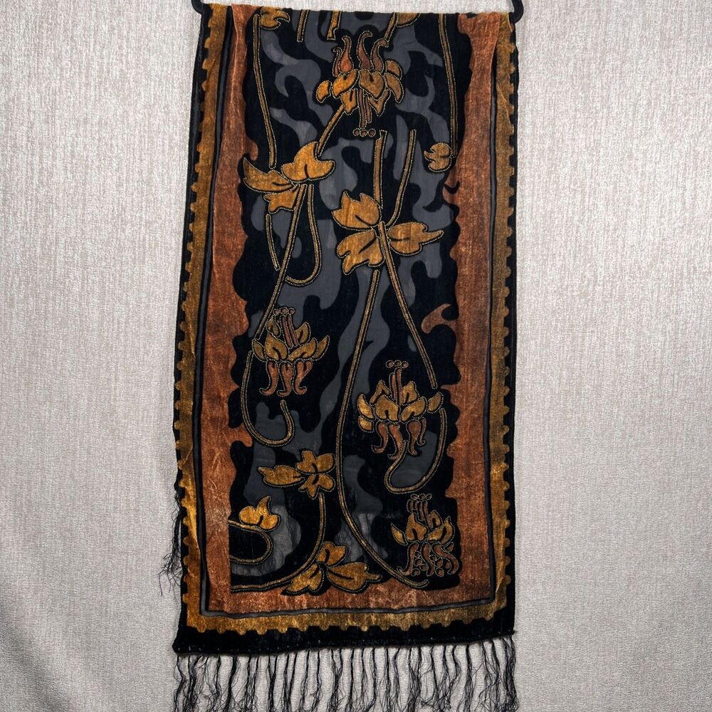Silk Velvet Burnout Scarf Shawl Multicolor Floral Fringe Boho Gypsy Whimsygoth
